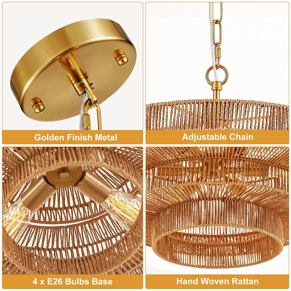 Araña de ratán tejida a mano comedor boho 20 pulgadas bambú granja... Foto 4 de 4