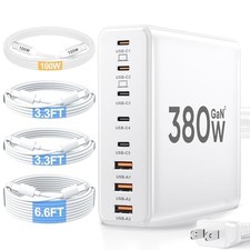 380W USB C Charger Block with 4 USB Cables Dual 100W Charging Station White 5FT