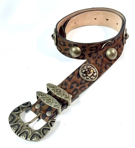 VTG LEATHEROCK BELT LEPOARD SUEDE -BRASS METAL STUDS w BEADS -TOOLED BUCKLE SZ S