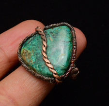 Malachite Gemstone Copper Wire Wrapped Handmade Jewelry Ring Size 8