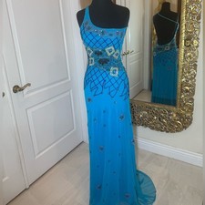 One-Shoulder Turquoise Evening Gown with Beaded Embellishment