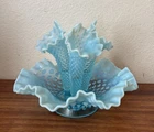 Vintage Fenton Hobnail Blue Glass 3 Horn Ruffled Edge Epergne Vase