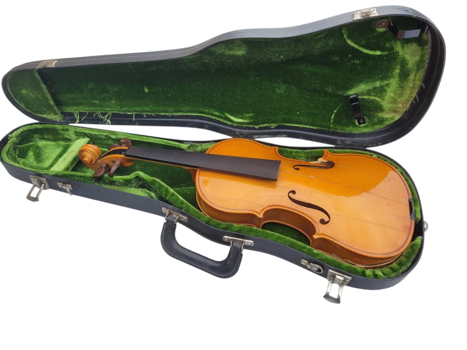 Violín vintage sin marca dañado solo para piezas o exhibición con estuche Foto 2 de 4