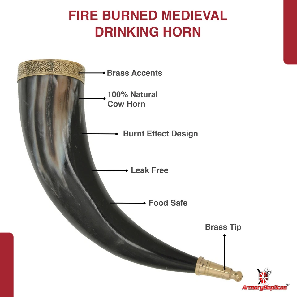 Cuerno de beber medieval adornado con latón natural + soporte de cuero negro gratis Foto 3 de 4