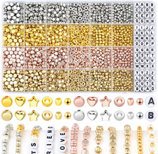 2420Pcs Assorted Gold Spacer Beads, Mini Acrylic Round, Heart, Star, Flat, Rhomb