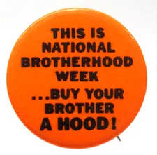 1960s NAT'L BROTHERHOOD WEEK BUY BROTHER A HOOD 1.5" celluloid pinback button fb