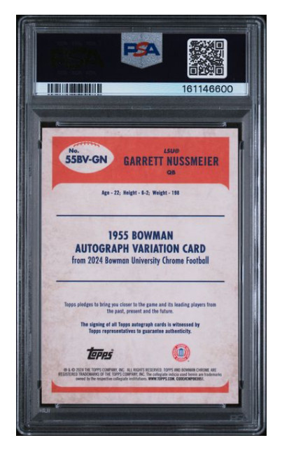 Garrett Nussmeier 2024 Bowman U Chrome 1/1 Superfractor Auto PSA 10 GEM MINT 1/1 view 2
