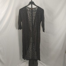 L B Black Lace Duster Cardigan Womens Medium Sheer Floral Open Front Boho Long