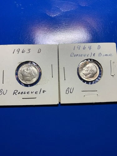 Lot of 2 Roosevelt silver dimes Choice BU 1963-D 1964-D
