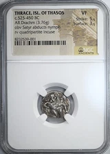 c.525-450 BC Thrace, Island of Thasos AR Drachm Satyr & Nymph NGC Ancients VF
