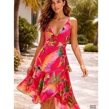 Farm Rio Red Macaw Wrap Dress Floral Midi Sz S V-Neck Tassels Sleeveless