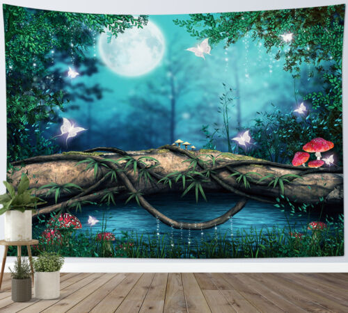 Fairy Tale Forest Butterfly Mushroom Tapestry Wall Hanging Bedspread Home Decor - Picture 1 of 15