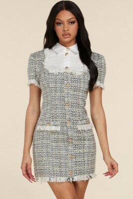 black and white tweed dress QJK Elegant Ruffle Bodycon Old Money Clothes Women Sweater Dress Knit Cocktail Midi Dress (Black,Small) at Amazon Women's Clothing store 34B size 4/6 wearing a Small Please view the size chart on the last image of the product EVE TWEED MINI DRESS in