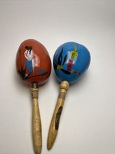 VTG PAIR OF HAND PAINTED MEXICO FOLK ART MARACA MUSIC SHAKER RATTLES 1960S