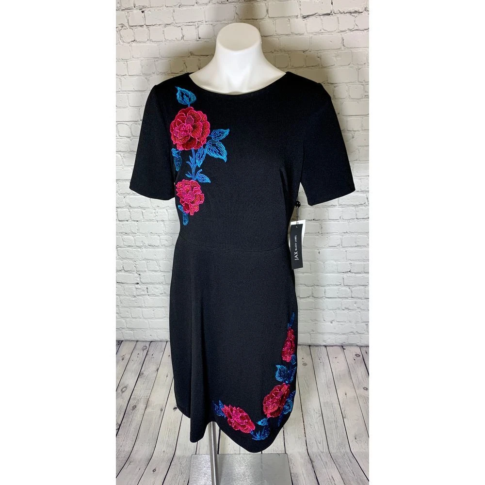 Women s JAX Black Label Black Fit Flare Embroidered Flower