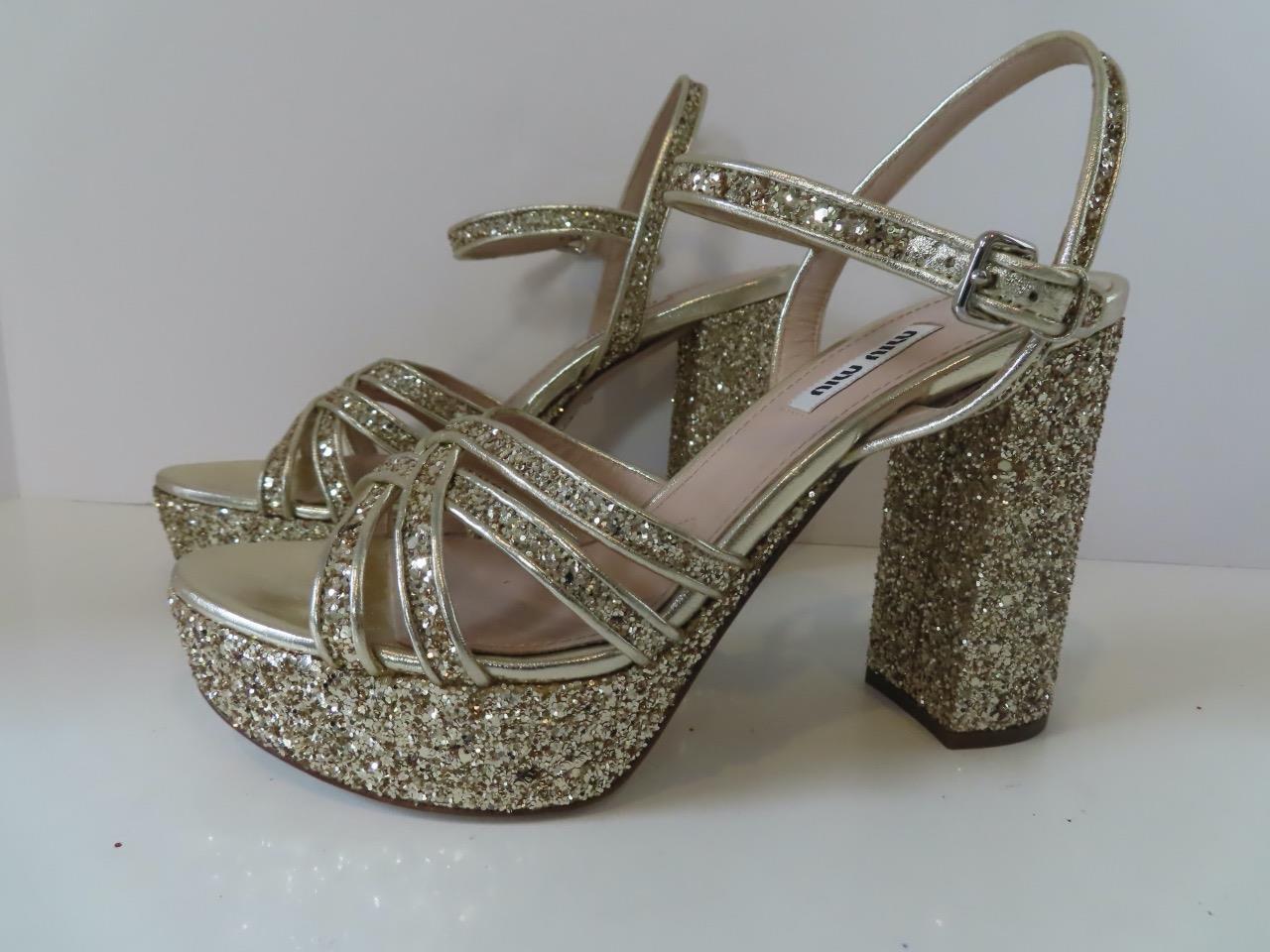 Gold Miu Miu Glitter Platform Sandals Satin Platform Sandals