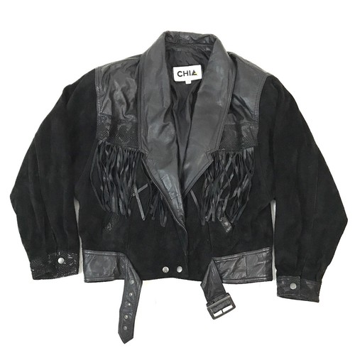 Black Leather Fringe Jacket Coat 80s 