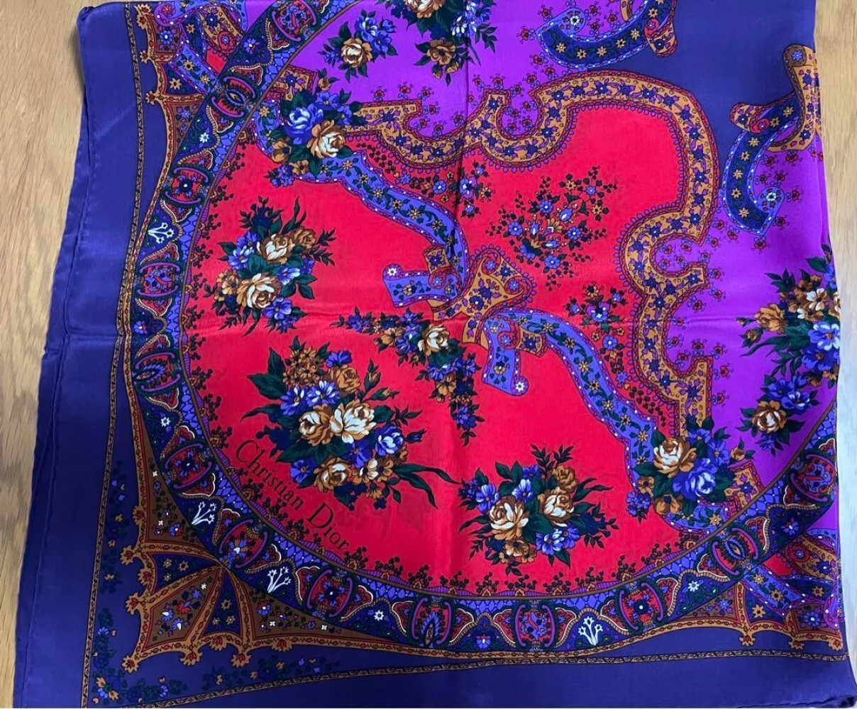 Christian Dior large scarf 88cm 34″ square silk paisley purple