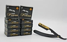 1000 Derby Premium Single Edge Pre Cut Razor Blades+ Black Straight Barber Razor