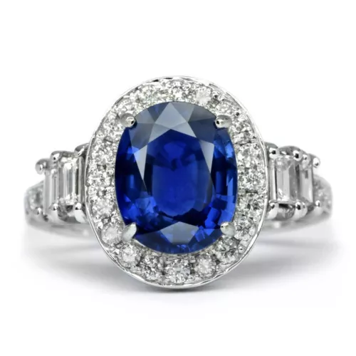 Natural Blue Sapphire Ring in 18K WHITE GOLD With 3.09ct & 1.027ct 46pc G/VS Dia