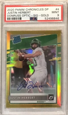 2020 Donruss Optic Justin Herbert Auto #10/10 JSY# Gold Rated Rookie (RC) PSA 9