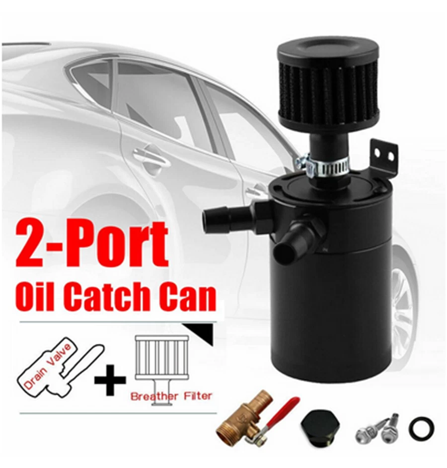 2-Port Aluminum Oil Catch Can Tank Reservoir w/Drain Valve&Breather Filter Black - Изображение 4 из 4
