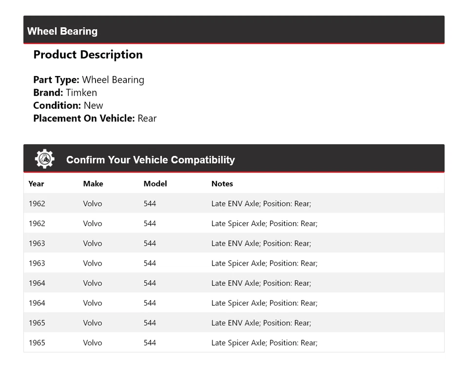 Cojinete de rueda trasero Timken 1963 1964 para Volvo 544 1962-1965 Foto 2 de 4