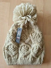 Chunky Knit Pom Pom Winter Hat Beanie With Pearls Jamont Headwear, Beige - NWT