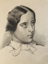 Very Nice Large Drawing Mine Lead Xixth Charcoal Portrait Young Woman Art Bust