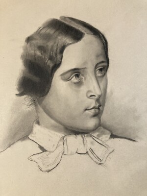 Très Beau Grand Dessin Mine De Plomb xixe fusain portrait jeune femme art buste