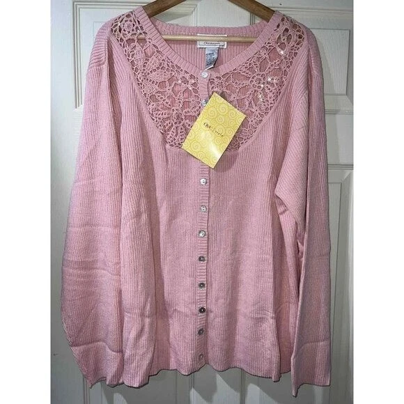 Cárdigan de lana rosa pastel vintage Victor Costa suéter tejido acanalado para mujer, 2X Foto 2 de 4