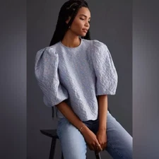 Anthropologie Stella Nova Albina Puff Sleeve Blouse Blue Star Print Small