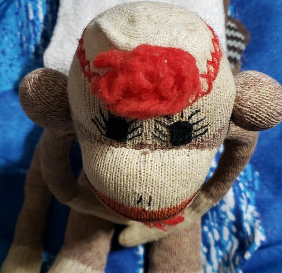 Vintage 1950s Hand Made sock monkey doll, 22" Red Pom Pom Hat & Long Eyelashes - Image 3 of 4