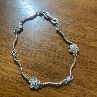 CRISLU Cubic Zirconia & Sterling Silver Flower & Solitaire 7'' Bracelet NO BOX