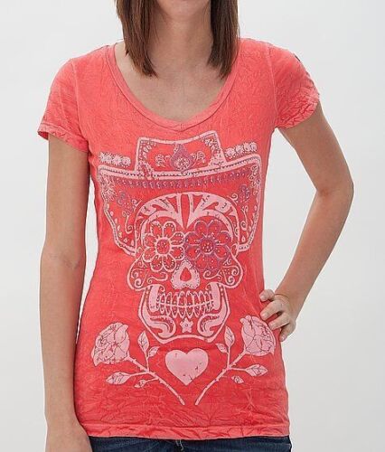 Y2k Affliction t Shirt M Velvet Stone Orange Cowboy Skull Bling New Burn out USA - Picture 2 of 7