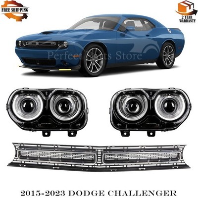Front Grille Assembly & Headlights Kit For 2015-2023 Dodge Challenger