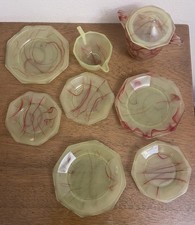 Akro Agate Children  s Dishes Lemonade Oxblood Saucers Pitcher 9 pieces READ