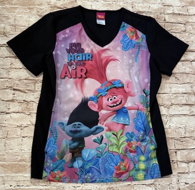Dreamworks  Trolls  PUT YOUR HAIR IN THE AIR  Scrub Top Women s Small S