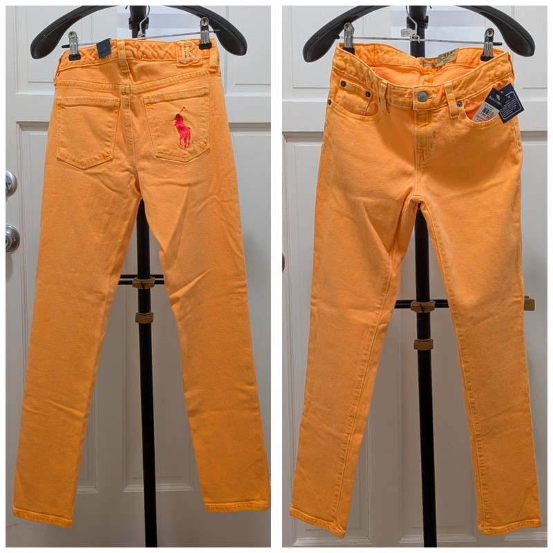 Ralph Lauren Girl's Bowery Skinny Orange Jean Pink Embroidered Pony Size 12