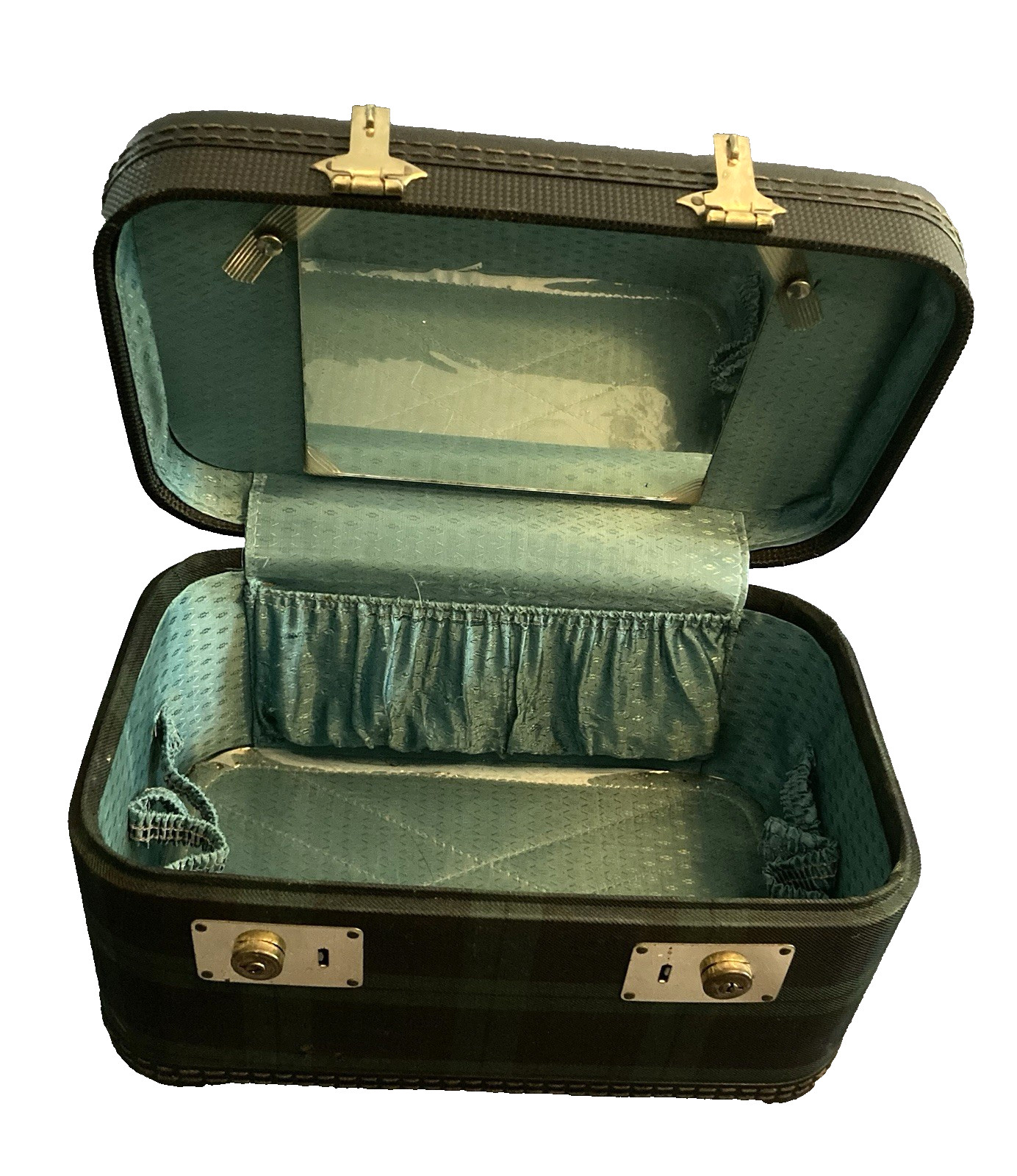 Vtg Train Vanity Overnight Case Black Watch Tartan Green Plaid Luggage NO KEYS