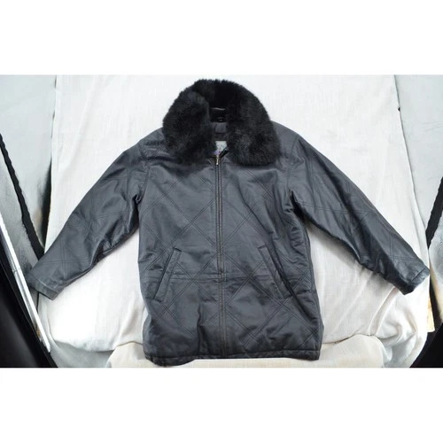 Atlantic Beach Leather Jacket Mens XL Black Good Quilted Faux Fur Trim Vintage - product listing photo