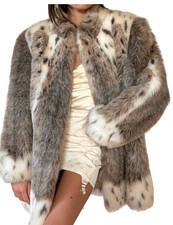 Vintage Faux Fur Coat Jacket Size Lynx Print Gray White Spotted USA Made 80s