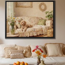 Oil Painting Dog Poodle Canvas Print Vintage Couch Wall Art Living Room Decor