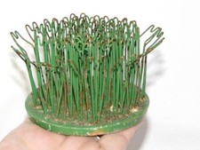 Vintage Painted Green Cast Iron  Crinkle Wire FLOWER FROG 5, Blue Ribbon