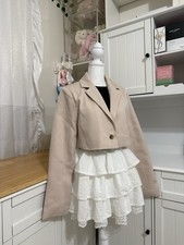 Women's Beige Collared Button Cropped Suit Jacket Blazer Long Sleeve Size M