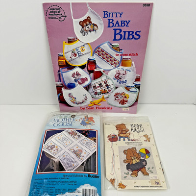 Vintage Baby Cross Stitch - Bucilla Mother Goose Quilt Blocks, Bear, Bibs Book