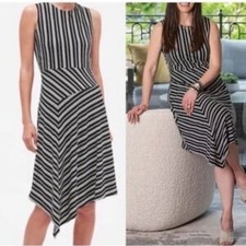 Banana Republic Dress M Medium  6 8 10 Black White Stripe Midi Washable Stretch