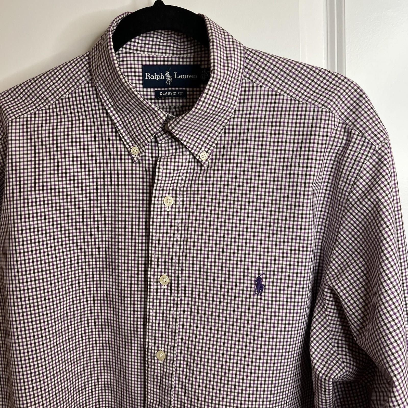 Camicia vintage Ralph Lauren viola a quadri taglia 16 5 34 made in Hong Kong Preppy Pony