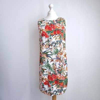 M&S Leinenmischung Kleid UK 12 Etuikleid tropisch Blumen bunt Sommer ärmellos