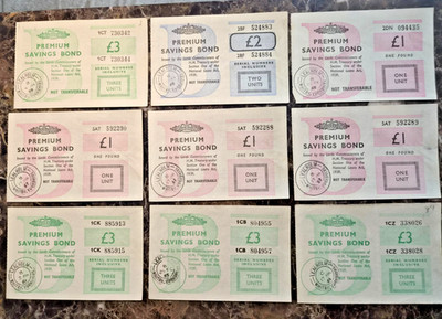 9x 1960 Premium Savings Bond Certificates HM Treasury Pre-Decimal Bank Ephemera
